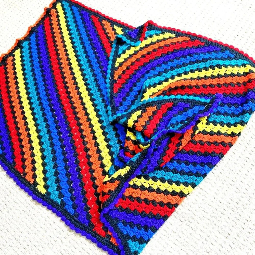 Handmade crochet afghan throw blanket black & bright colors acrylic mod retro